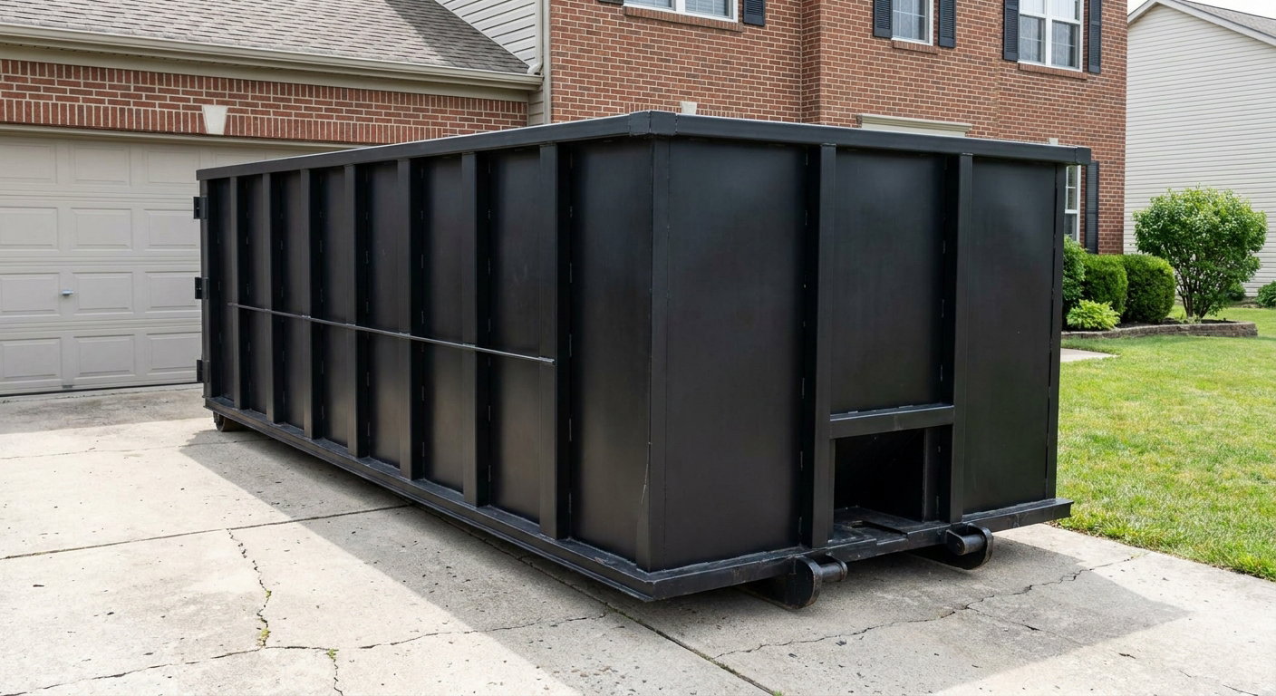 Matte-black 20-yard roll-off container on a O'Fallon residential concrete driveway with reinforced ribbed steel sidewalls and a hinged rear walk-in door, clean bright daylight.