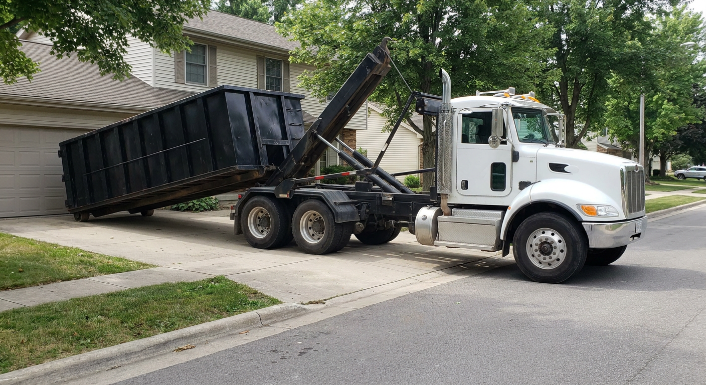 White-cab hooklift roll-off truck actively lowering a matte-black dumpster onto a O'Fallon residential concrete driveway, the dumpster's rear wheels touching the driveway as the hoist arm tilts the bed forward, mid-morning daylight.