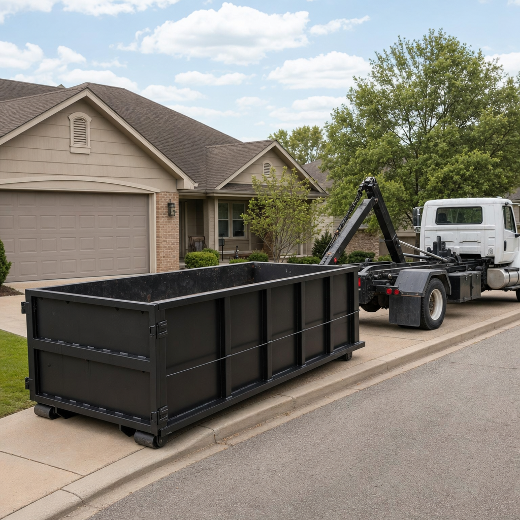 Wide documentary shot of a matte-black roll-off dumpster on a O'Fallon residential driveway in the foreground and a contractor jobsite container in the soft-focus background, bright daylight, calm and orderly composition.