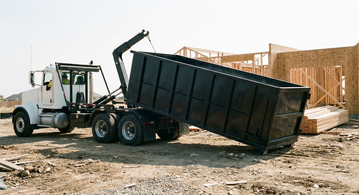 Matte-black roll-off dumpster being delivered onto a clean residential concrete driveway in O'Fallon by an unmarked white hooklift hauler truck, bright morning daylight, documentary 35mm perspective.